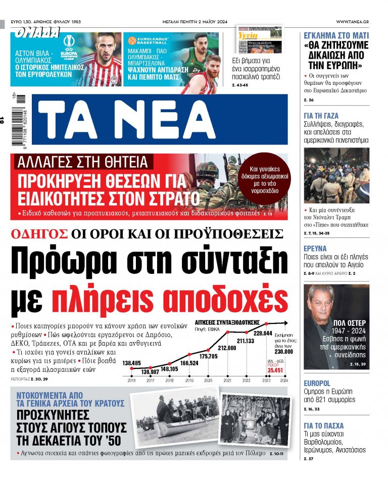 Στα «ΝΕΑ» της Πέμπτης: Πρόωρα στη σύνταξη με πλήρεις αποδοχές