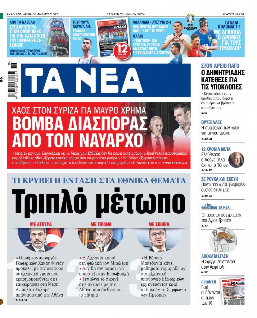 Στα «ΝΕΑ» της Τετάρτης: Τριπλό μέτωπο