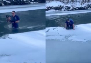 Βούτηξε σε παγωμένο ποτάμι για να σώσει έναν σκύλο – Η συγκινητική πράξη που έγινε viral