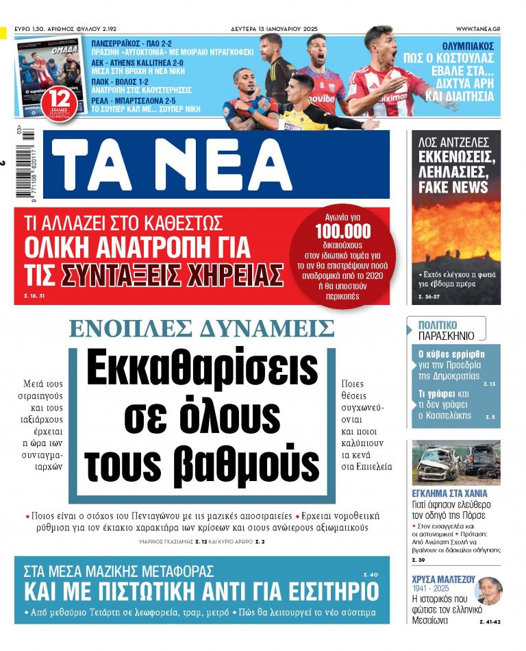 Στα «ΝΕΑ» της Δευτέρας: Εκκαθαρίσεις σε όλους τους βαθμούς