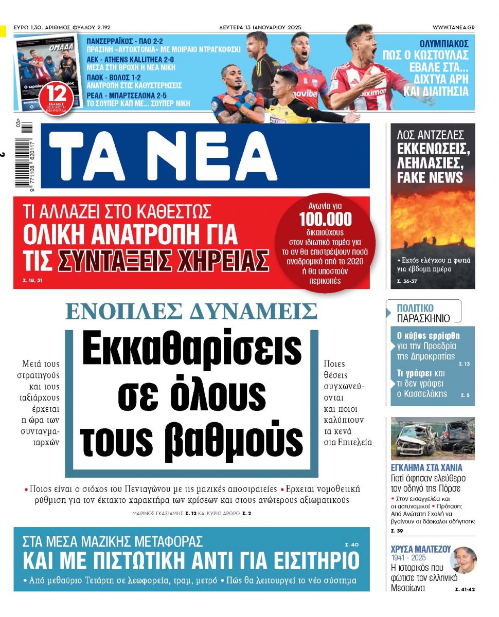 Στα «ΝΕΑ» της Δευτέρας: Εκκαθαρίσεις σε όλους τους βαθμούς