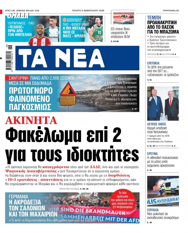 Στα «NEA» της Τετάρτης: Φακέλωμα επί 2 για τους ιδιοκτήτες