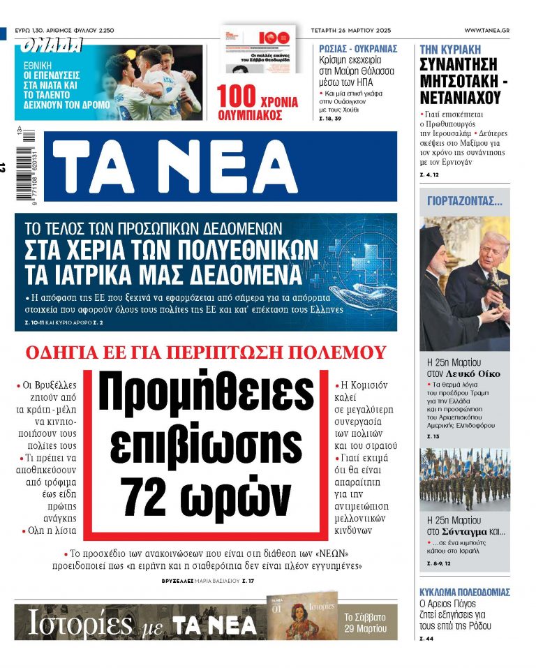 Στα «ΝΕΑ» της Τετάρτης: Προμήθειες επιβίωσης 72 ωρών