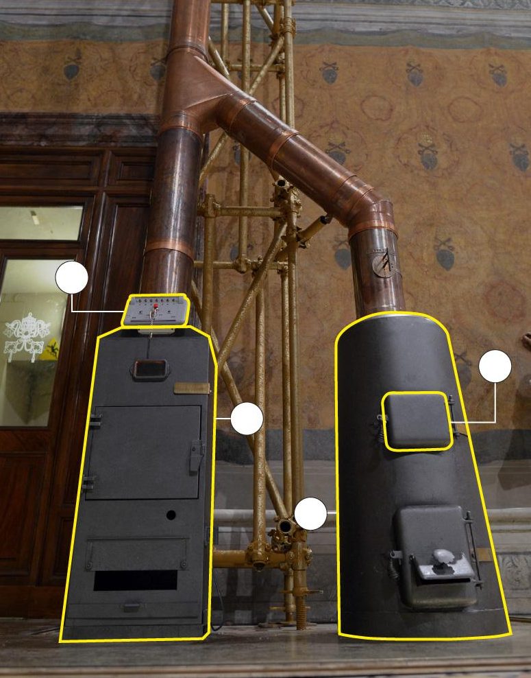 εικόνα που δείχνει τις ειδικές σόμπες με την καπνοδόχο που στήνεται μέσα στην Καπέλα Σιξτίνα για τις ανάγκες της ψηφοφορίας