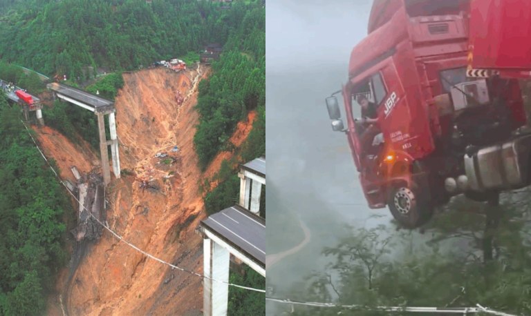 Κίνα: Φορτηγό κρεμόταν στο κενό μετά από κατάρρευση γέφυρας – Η δραματική διάσωση του οδηγού