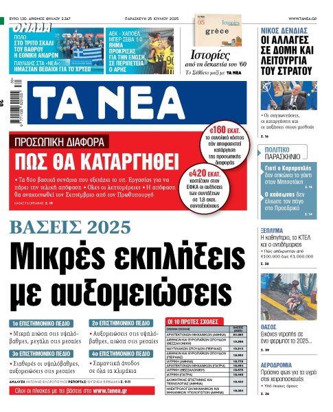 Στα ΝΕΑ της Παρασκευής: Βάσεις 2025 – Μικρές εκπλήξεις με αυξομειώσεις