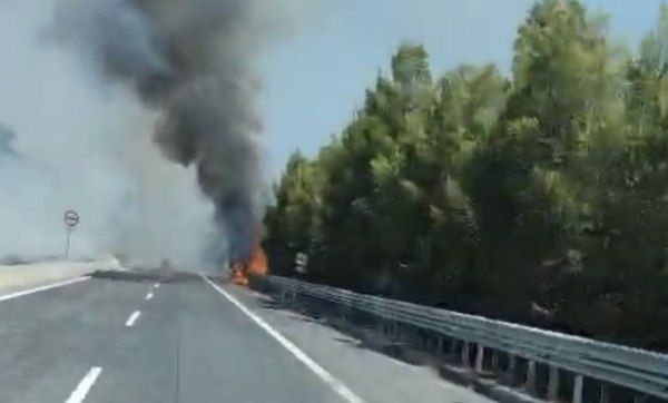 Φωτιά στην ΠΑΘΕ στο ύψος του Μακρυχωρίου – Ισχυρή δύναμη της Πυροσβεστικής