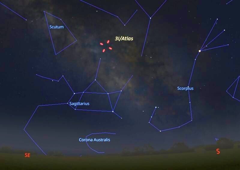 Η θέση του αντικειμένου στον αστερισμό του Τοξότη στις 2 Ιουλίου (Eddie Irizarry/ Stellarium(