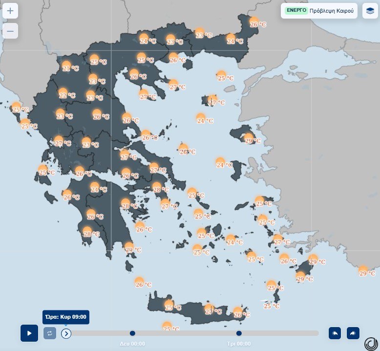 εικόνα που δείχνει χάρτη της ΕΜΥ που δείχνει μέσες θερμοκρασίες για την Κυριακή