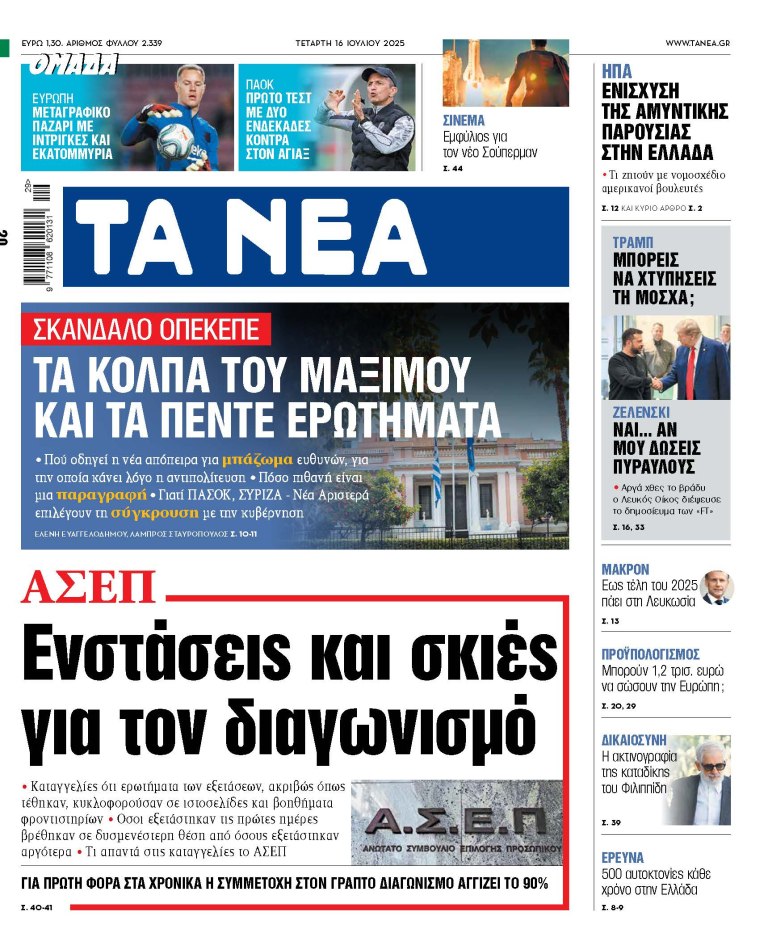 Στα «ΝΕΑ» της Τετάρτης: Ενστάσεις και σκιές για τον διαγωνισμό