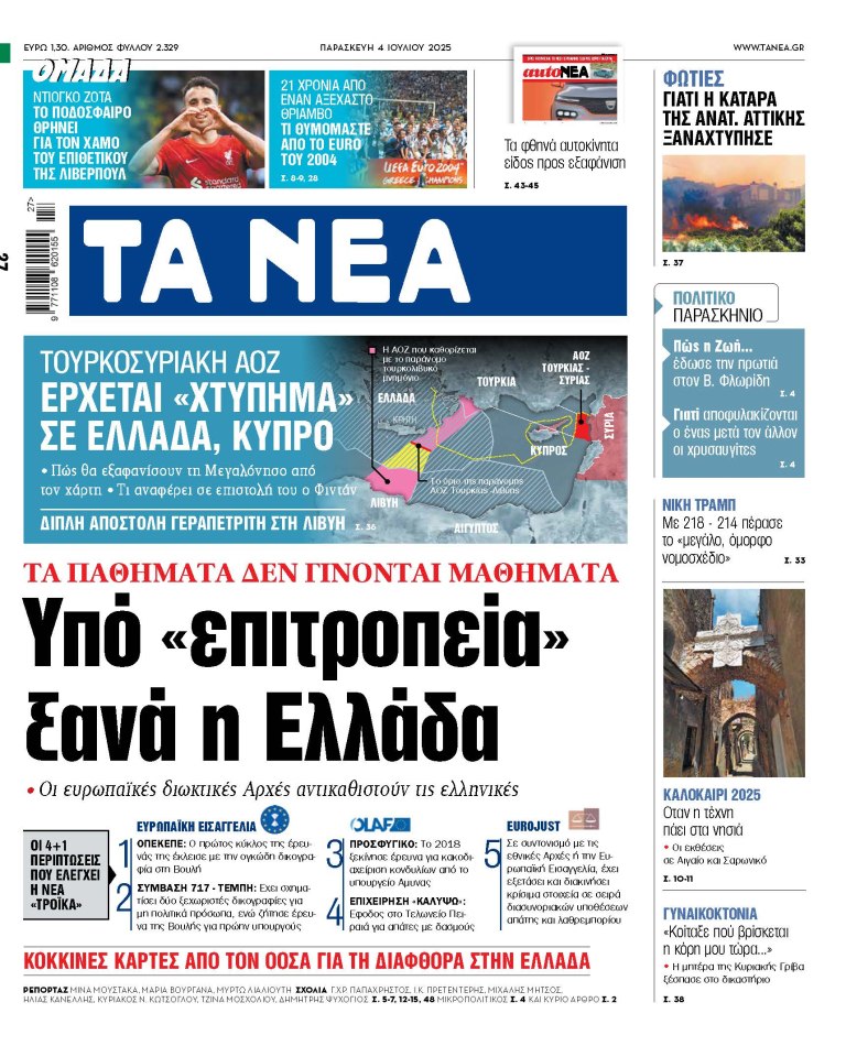 Στα «ΝΕΑ» της Παρασκευής: Υπό «επιτροπεία» ξανά η Ελλάδα