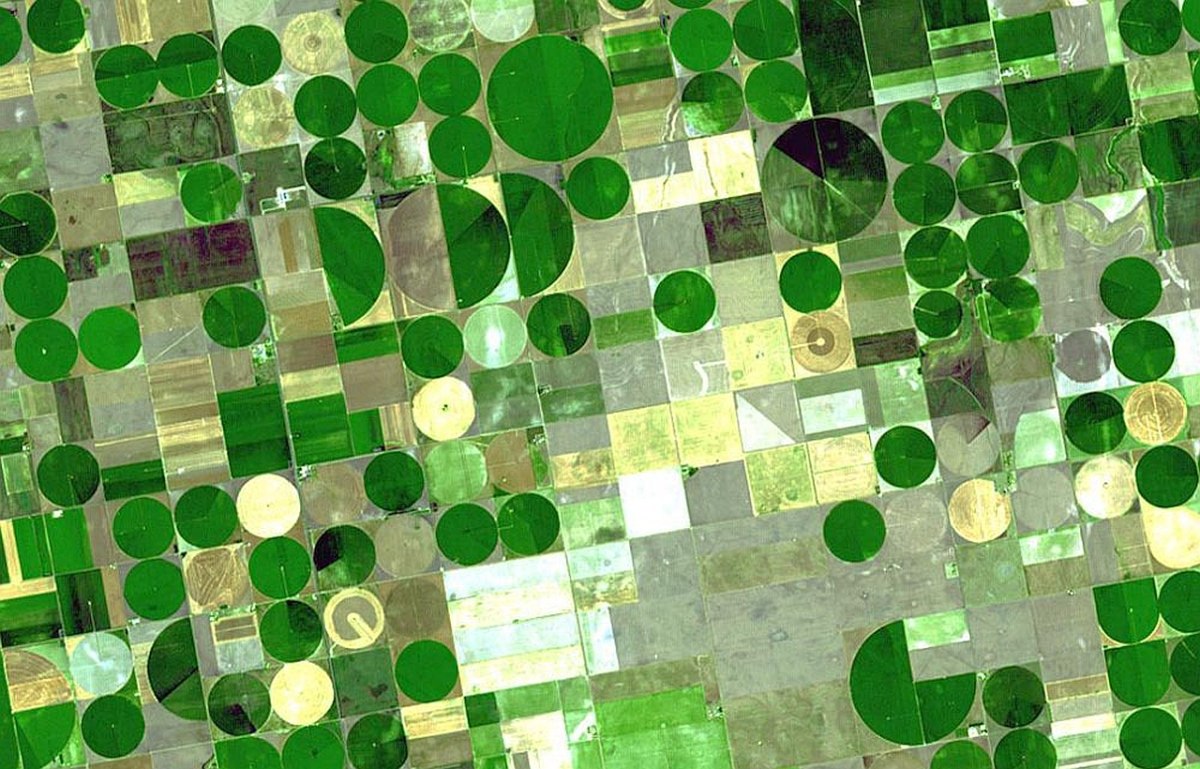 Αρδευόμενες καλλιέργειες στο Κάνσας σε δορυφορική φωτογραφία. Το νέο μοντέλο συνδυάζει μια πληθώρα δεδομένων (USGS)