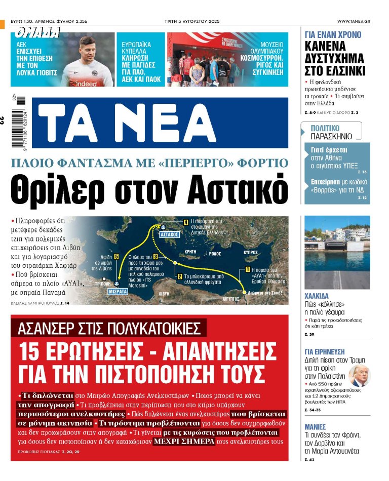 Στα «ΝΕΑ» της Τρίτης: Θρίλερ στον Αστακό