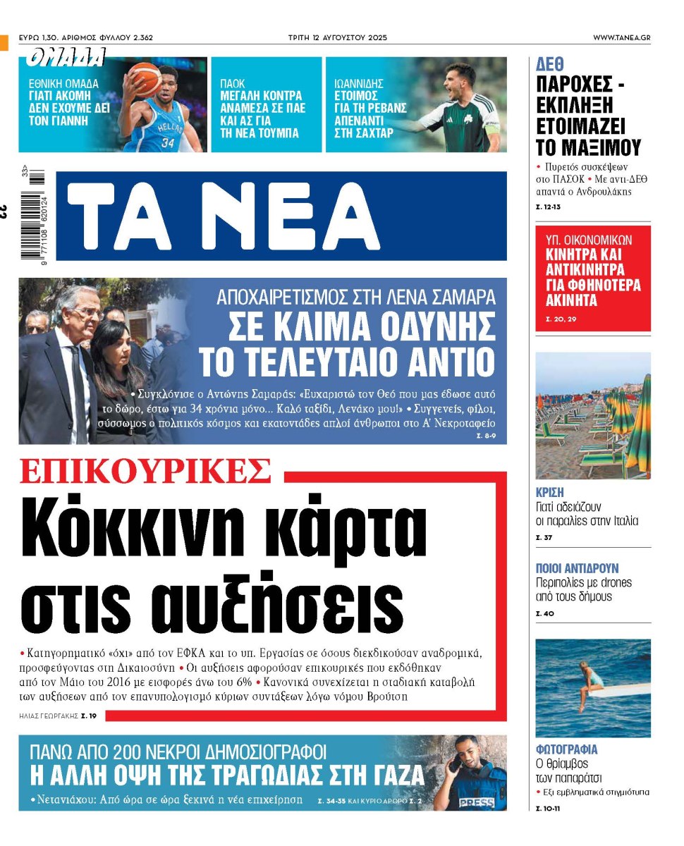 Στα «ΝΕΑ» της Τρίτης: Κόκκινη κάρτα στις αυξήσεις