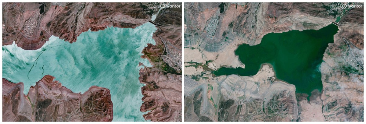 H στάθμη της τεχνητής λίμνης Σεφιντρούντ στο Ιράν τον Σεπτέμβριο του 2024 (Α) και τον Σεπτέμβριο του 2025 (Vantor via Reuters)