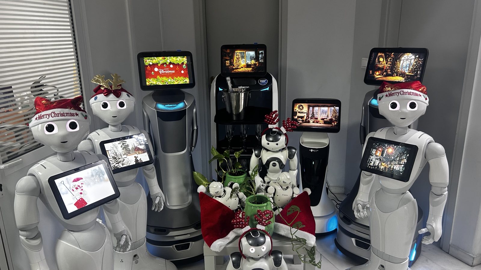 εικόνα που δείχνει τον Nova, τον Mini, τον Pepper, τον Nao, τον Billy Billy και τα υπόλοιπα ρομπότ