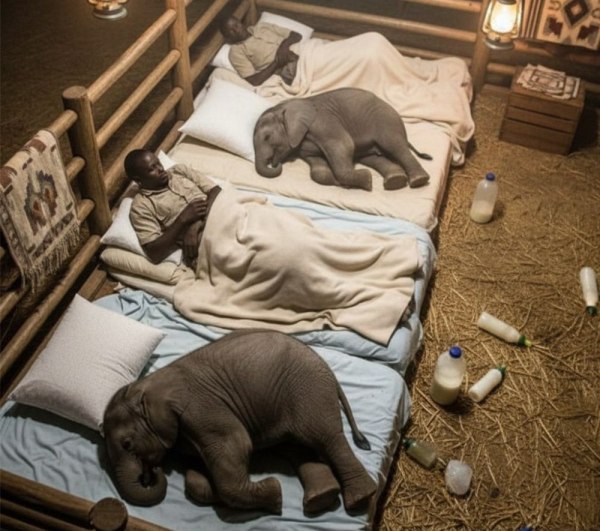 Τα ορφανά ελεφαντάκια του Ναϊρόμπι κοιμούνται με τους φροντιστές τους