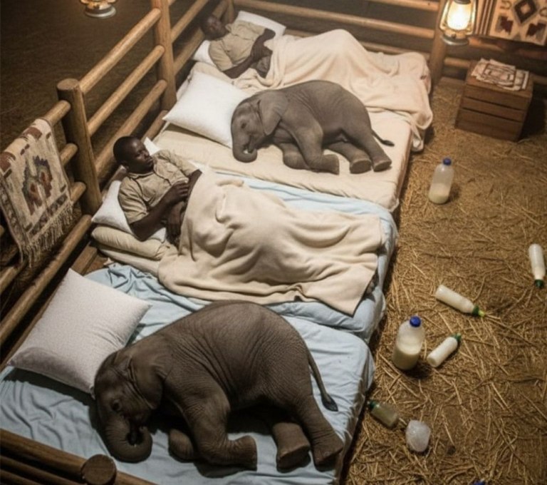 Τα ορφανά ελεφαντάκια του Ναϊρόμπι κοιμούνται με τους φροντιστές τους