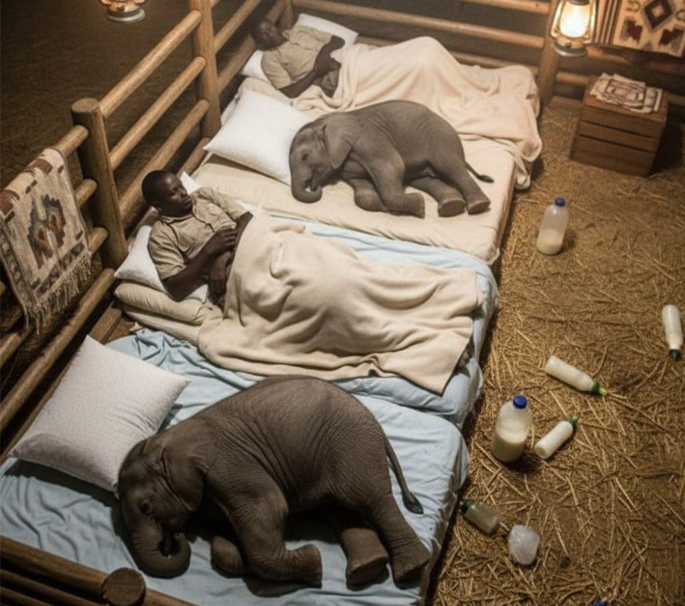 Τα ορφανά ελεφαντάκια του Ναϊρόμπι κοιμούνται με τους φροντιστές τους