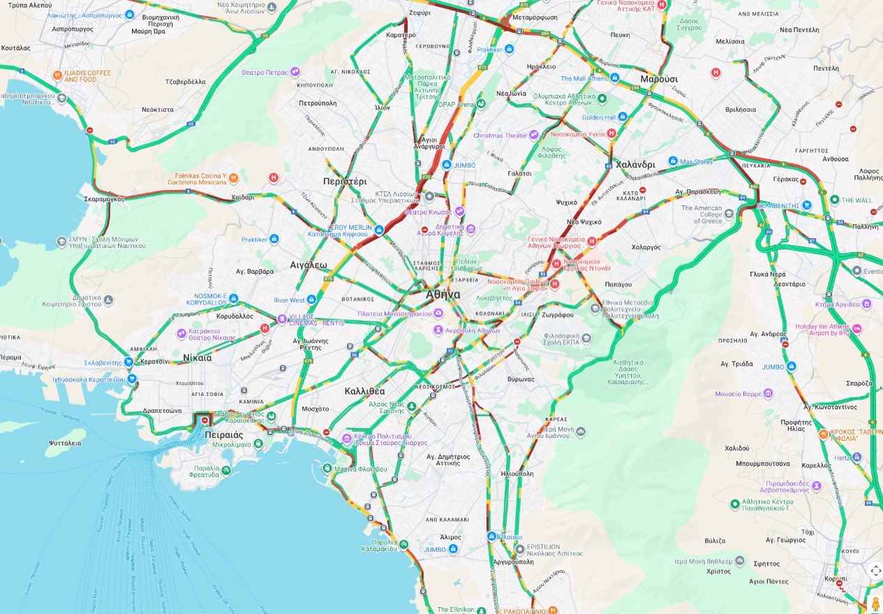 εικόνα που δείχνει χάρτη για την κίνηση στην Αττική, με τα μποτιλιαρίσματα στους δρόμους να σημειώνονται με κόκκινο ή πορτοκαλί χρώμα