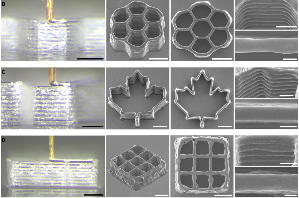 Μια ποικιλία μικροσκοπικών δομών δημιουργήθηκε με τον «μεκροεκτυοωτή» (Justin Puma et al. / Science Advances 2025)
