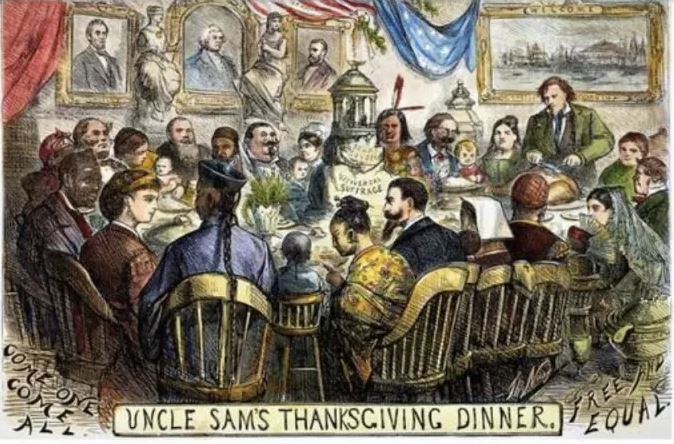 Το 1869, ο Nast σχεδίασε μια εικονογράφηση με τίτλο Uncle Sam’s Thanksgiving Dinner / Photo: Wikimedia Commons