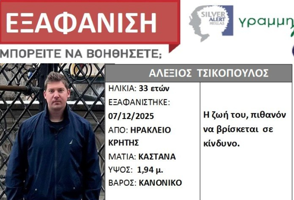 Ηράκλειο: Αγωνία για τον 33χρονο γιατρό που αγνοείται από τις 7 Δεκεμβρίου – Εκδόθηκε Silver Alert