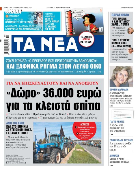 Στα «ΝΕΑ» της Τετάρτης: «Δώρο» 36.000 ευρώ για τα κλειστά σπίτια