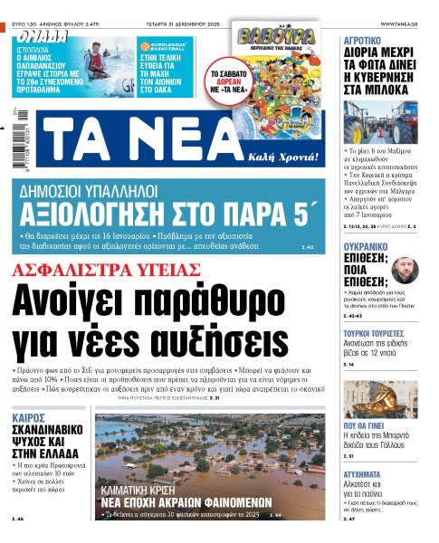 Στα «ΝΕΑ» της Τετάρτης: Ανοίγει παράθυρο για νέες αυξήσεις