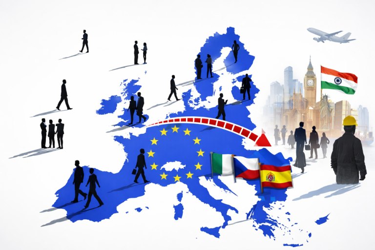 εικόνα AI που δείχνει χάρτη της ΕΕ με τα αστέρια της σημαίας και σκόρπιες φιγούρες εργαζομένων