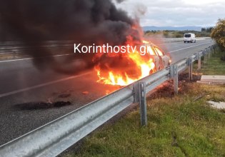 Στις φλόγες τυλίχθηκε αυτοκίνητο στην Κορίνθου-Πατρών – Διακοπή κυκλοφορίας
