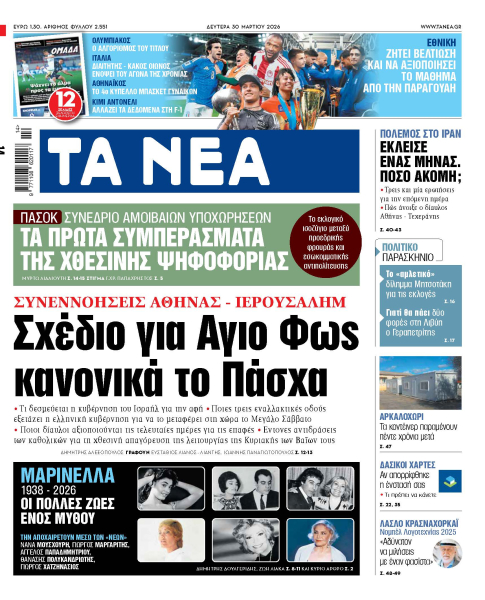 Στα «ΝΕΑ» της Δευτέρας: Σχέδιο για Αγιο Φως κανονικά το Πάσχα