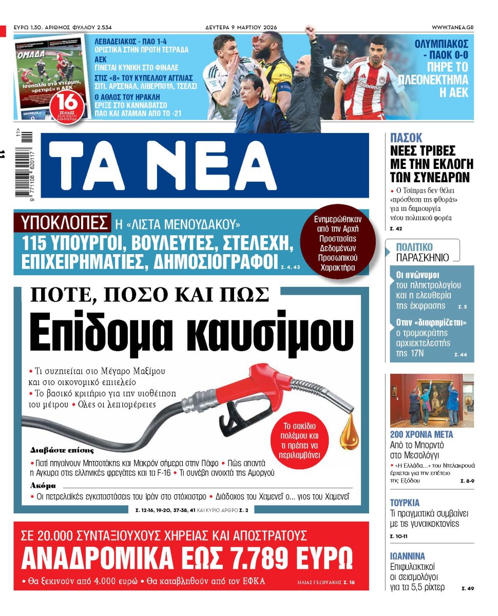 Στα «ΝΕΑ» της Δευτέρας: Επίδομα καυσίμου