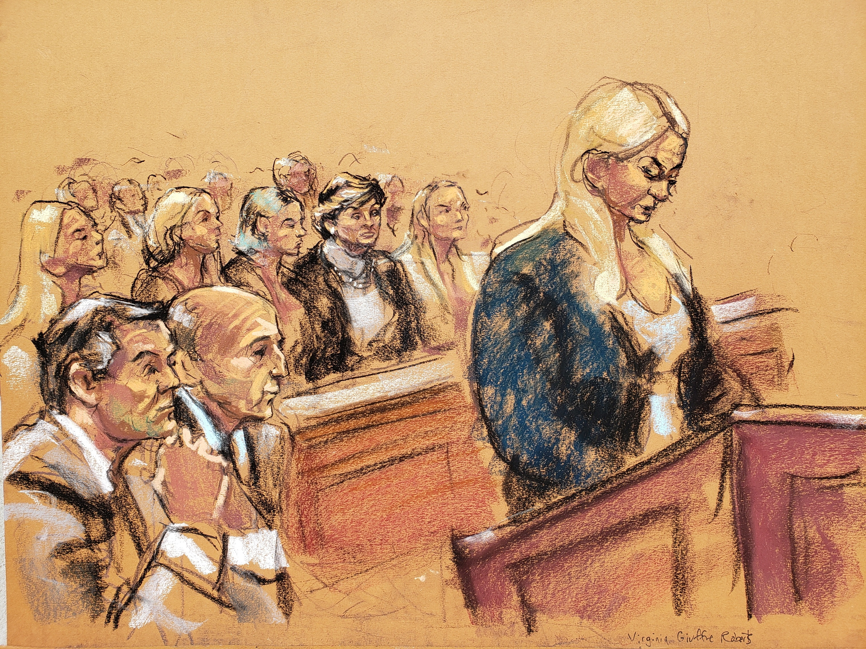 Η Βιρτζίνια Τζουφρέ μιλά καθώς τα θύματα καταθέτουν δηλώσεις για τις επιπτώσεις που υπέστησαν, κατά τη διάρκεια ακροαματικής διαδικασίας στην ποινική υπόθεση κατά του Τζέφρι Έπσταϊν, ο οποίος πέθανε νωρίτερα τον ίδιο μήνα — θάνατος που ο ιατροδικαστής της Νέας Υόρκης έκρινε ως αυτοκτονία — σε σκίτσο δικαστηρίου στο Ομοσπονδιακό Δικαστήριο της Νέας Υόρκης, ΗΠΑ, 27 Αυγούστου 2019. REUTERS/Jane Rosenberg/File Photo