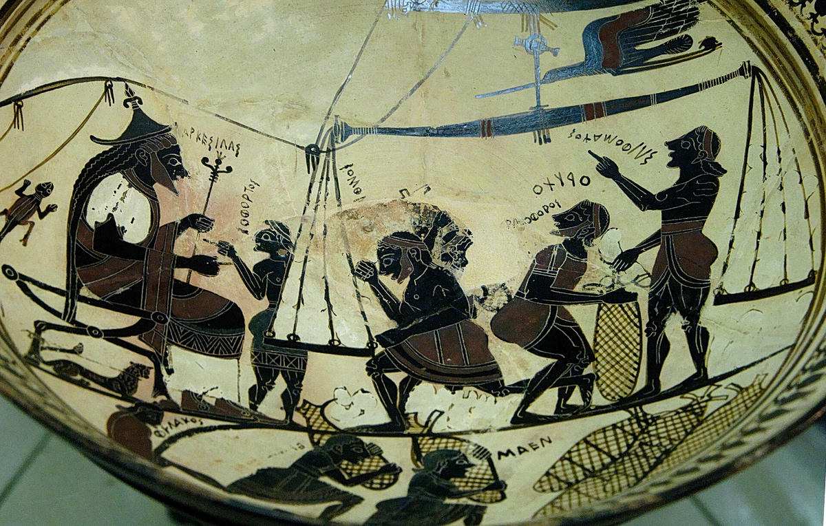 Η «Κύλιξ του Αρκεσίλα». Ο βασιλιάς της Κυρήνης Αρκεσίλαος Β', επιβλέπει τη συσκευασία και φόρτωση των εμπορευμάτων του ή την προετοιμασία του σίλφιου.