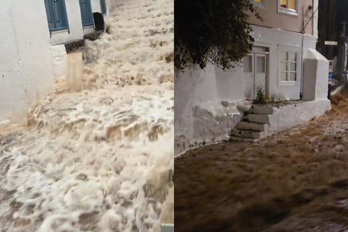Στο έλεος της κακοκαιρίας τα νησιά του Αργοσαρωνικού – Ορμητικοί χείμαρροι οι δρόμοι στην Ύδρα