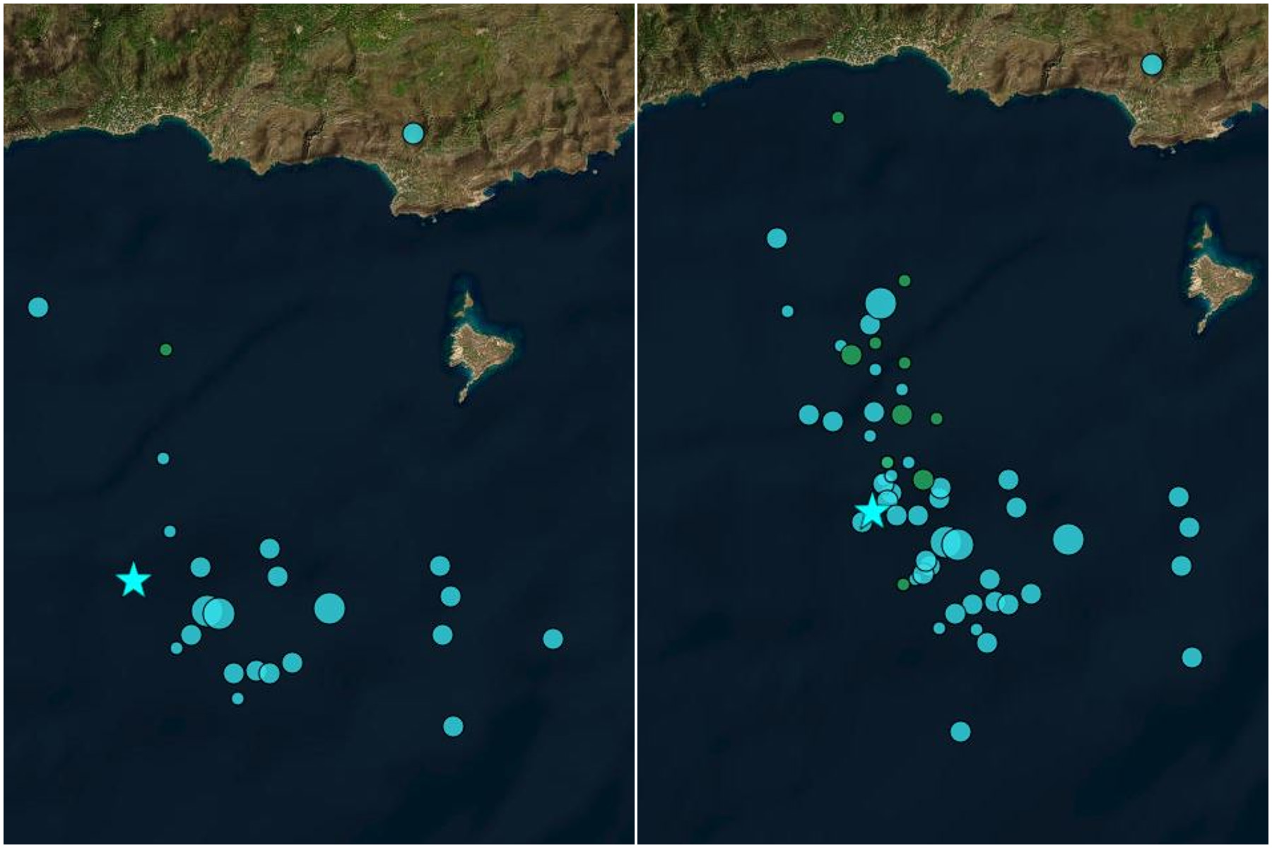 εικόνα που δείχνει χάρτη με τα σημεία των σεισμικών δονήσεων στη Σητεία το τελευταίο 24ωρο και, δεξιά, σε χρονικό διάστημα επτά ημερών