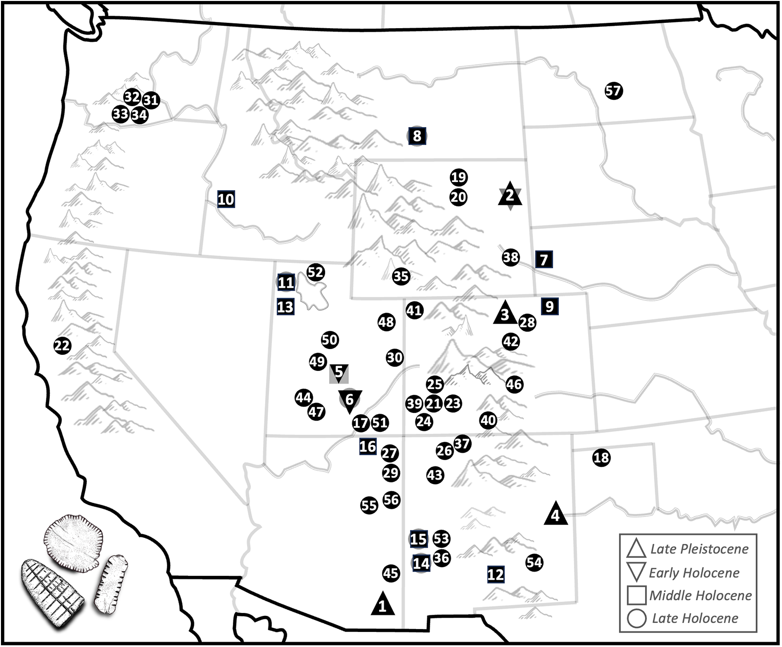 Ύστερη Πλειστόκαινος έως Ύστερη Ολόκαινος (13.000–450 χρόνια πριν από σήμερα): θέσεις όπου έχουν εντοπιστεί πιθανά ζάρια των ιθαγενών της Αμερικής. (Εικονογράφηση ζαριού από τον Ντ’Άρσι Ν. Ρ. Μάντεν.)