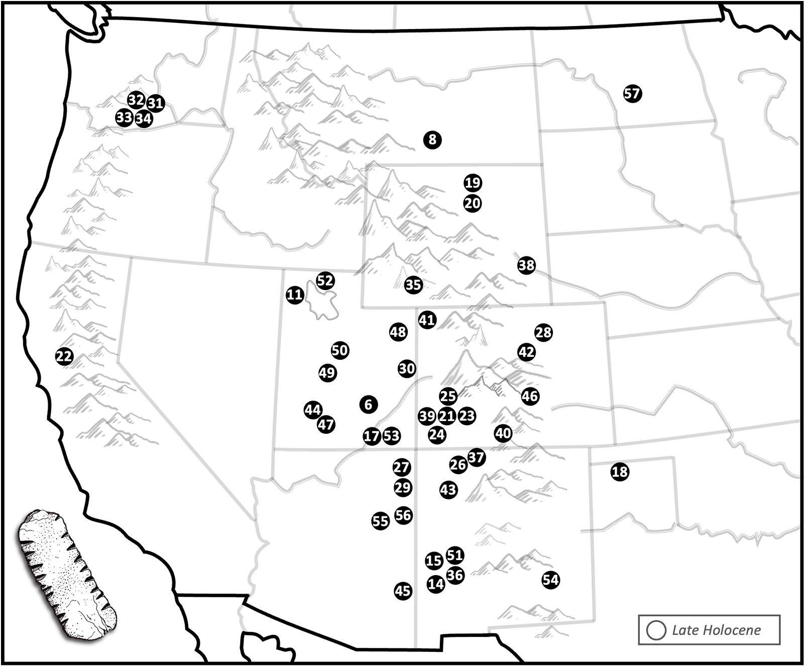 Ύστερη Ολόκαινος (2.000–450 χρόνια πριν από σήμερα): θέσεις όπου έχουν εντοπιστεί πιθανά ζάρια των ιθαγενών της Αμερικής. (Εικονογράφηση ζαριού από τον Ντ’Άρσι Ν. Ρ. Μάντεν.)