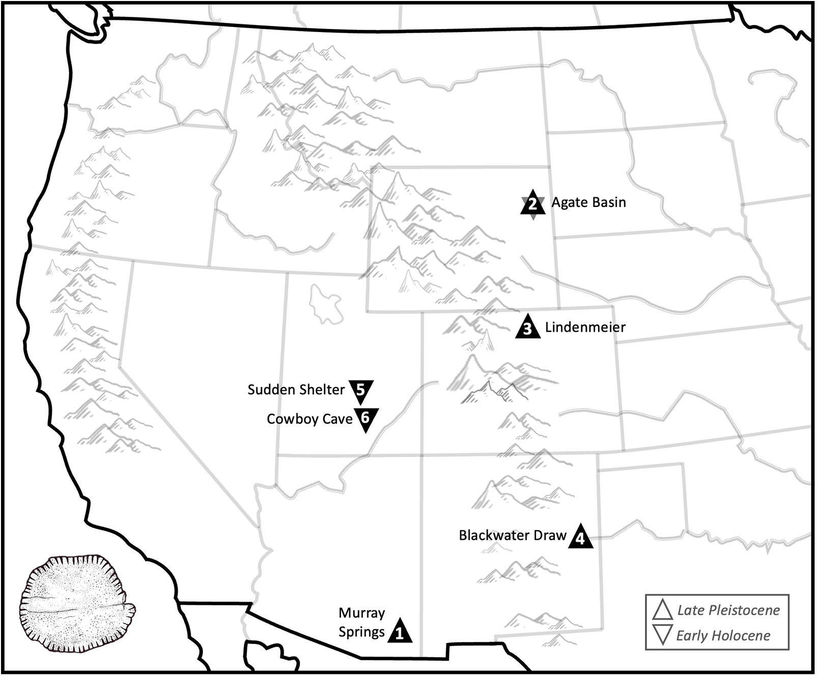 Ύστερη Πλειστόκαινος / Πρώιμη Ολόκαινος (13.000–8.000 χρόνια πριν από σήμερα): θέσεις όπου έχουν εντοπιστεί πιθανά ζάρια των ιθαγενών της Αμερικής. (Εικονογράφηση ζαριού από τον Ντ’Άρσι Ν. Ρ. Μάντεν.)
