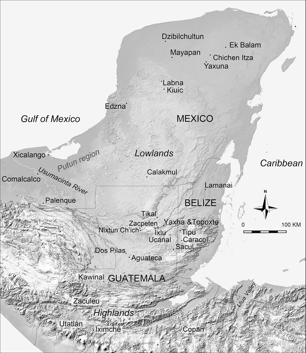 Χάρτης της περιοχής των Μάγια που απεικονίζει επιλεγμένες τοποθεσίες που αναφέρονται στο κείμενο (εικονογράφηση: C. Halperin).