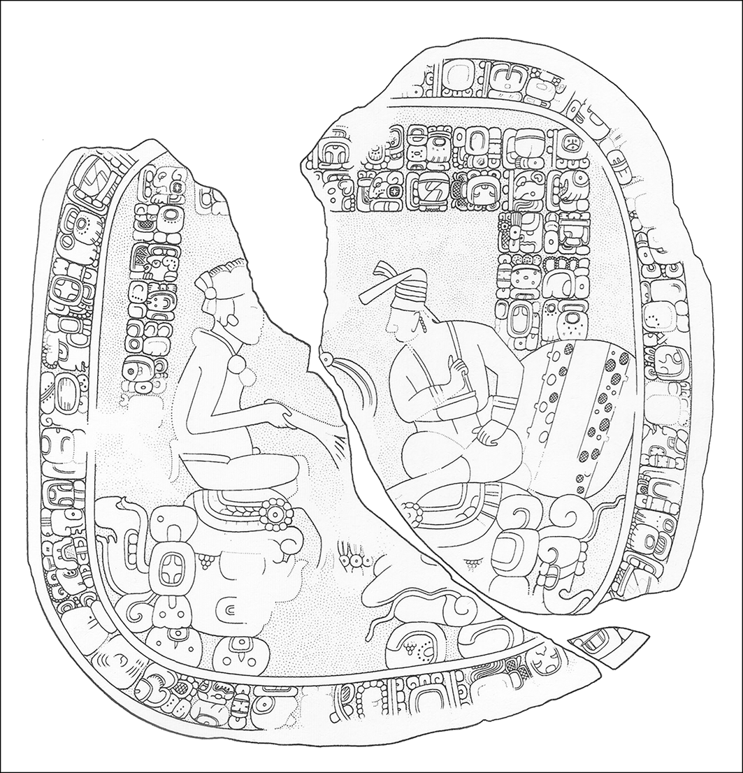 Το Βωμό 12 του Καρακόλ απεικονίζει τον Παπμαλίλ του Κ’ανουίτζναλ (αριστερά) καθισμένο αντικριστά με τον ηγεμόνα του Καρακόλ, Κ’ίνιτς Τουμπίλ Γιοπάατ (δεξιά), περ. 820 μ.Χ. (σχέδιο: N. Grube).