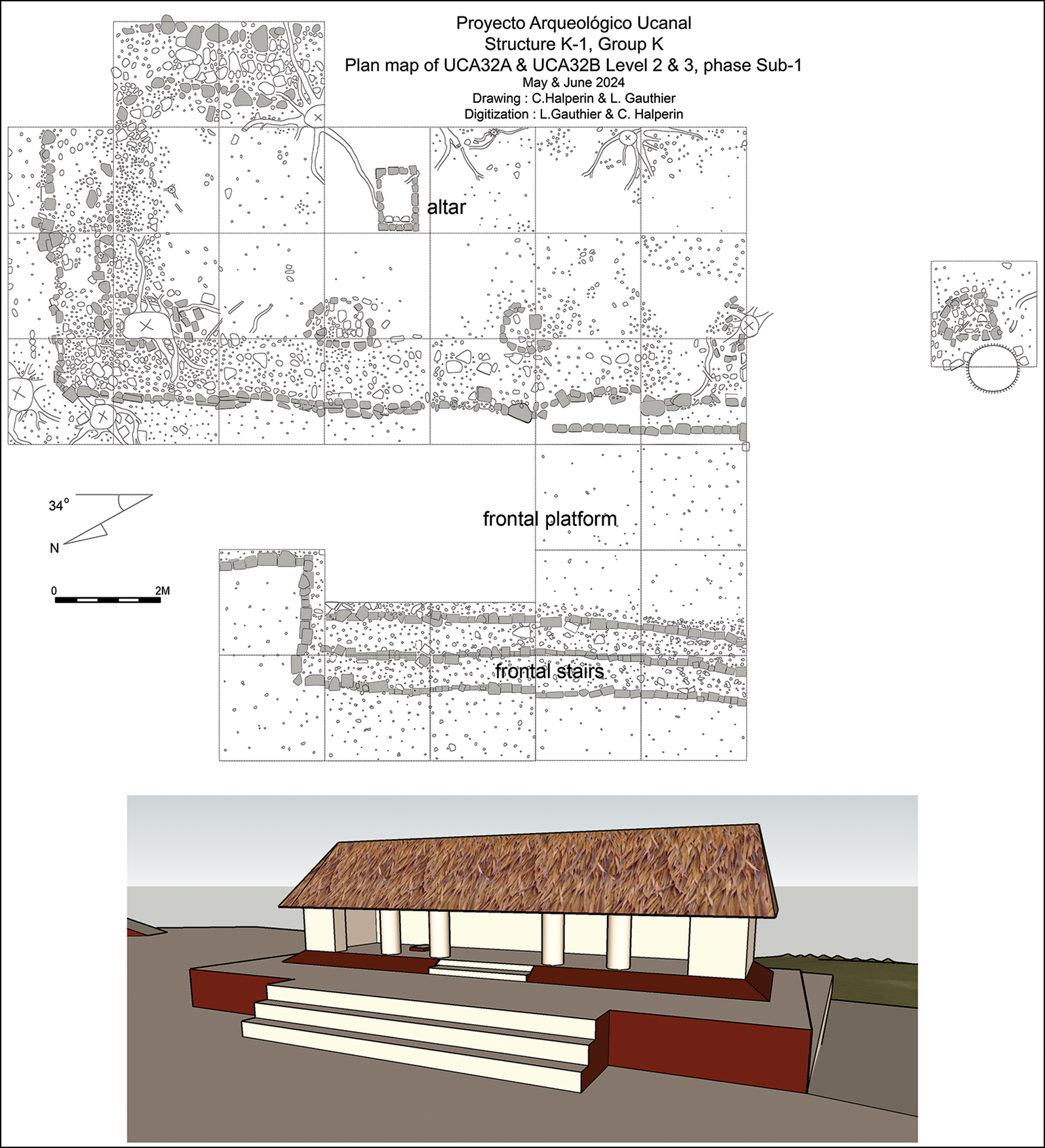 Κάτοψη των ανασκαφών της ύστερης Κλασικής περιόδου στο Ουκανάλ, στη δομή K-1, Sub-1, καθώς και τρισδιάστατη αναπαράσταση (SketchUp) της κατασκευής (κάτοψη: L. Gauthier & C. Halperin· αναπαράσταση: M. Voltaire).