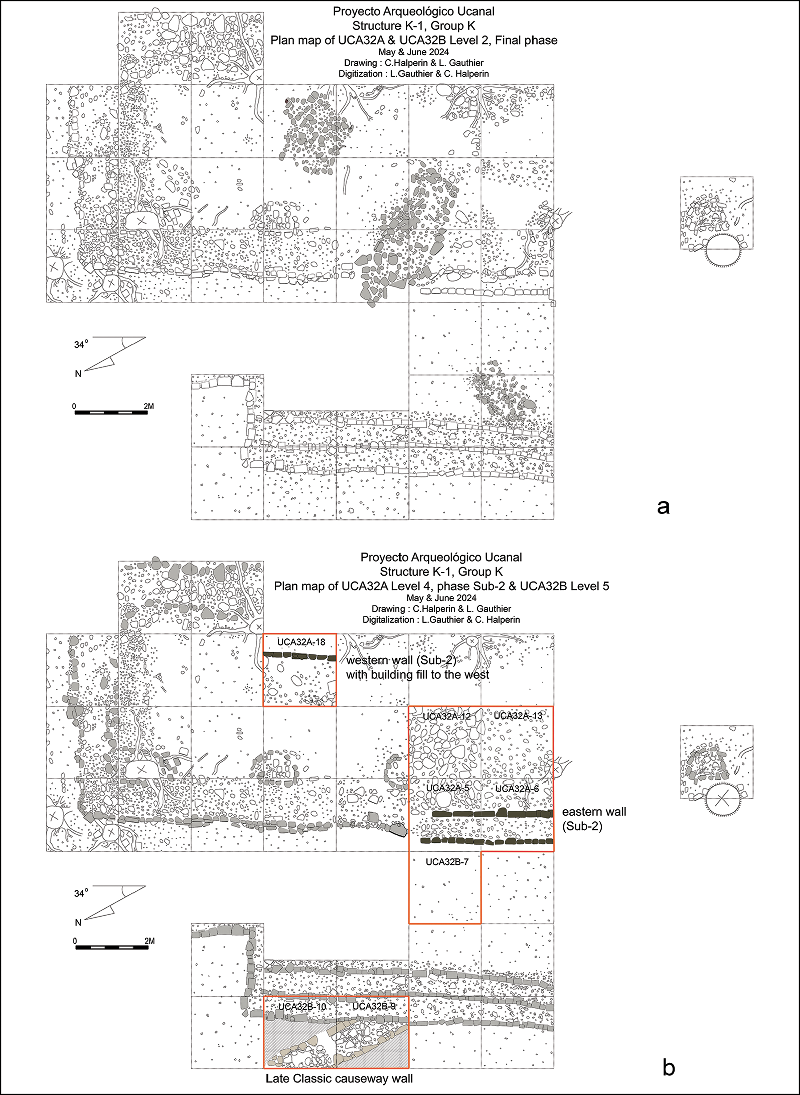 Αρχιτεκτονικά χαρακτηριστικά πριν και μετά τη μορφή της κιονοστοιχίας με ανοιχτή αίθουσα της Δομής K-1 (Sub-1):α) τελική φάση κατασκευής τριών πλατφορμών κατά τη Μετακλασική περίοδο· β) τοίχος υπερυψωμένου δρόμου της Ύστερης Κλασικής περιόδου και φάση Sub-2 της Ύστερης Κλασικής, με τα δυτικά και ανατολικά τοιχώματα της ανωδομής να επισημαίνονται με πορτοκαλί στις κάθετες τομές ανασκαφής (εικονογράφηση: C. Halperin & L. Gauthier).