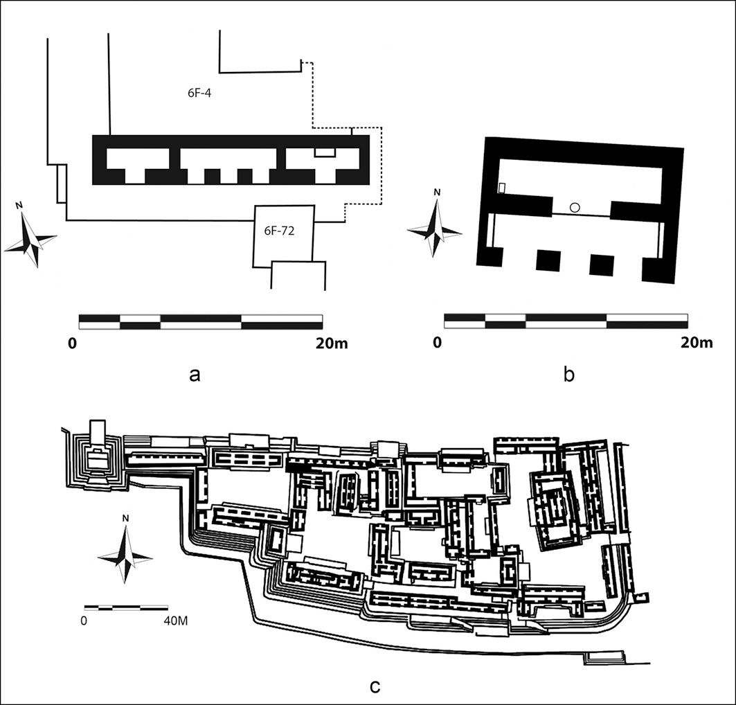 Αρχιτεκτονική λιθοδομής της Ύστερης Κλασικής περιόδου με πέτρινους τοίχους και στέγες:α) Δομή 6F-68 στο Γιαξούνα (σχέδιο: L. Gauthier, βάσει Ambrosino 2007: εικ. 3–8)· β) Δομή 22A στο Κοπάν (σχέδιο: L. Gauthier, βάσει Fash κ.ά. 1992: εικ. 13)· γ) παλατιακή αρχιτεκτονική, Κεντρική Ακρόπολη, Τικάλ (σχέδιο: C. Halperin, βάσει Harrison στο Christie 2003