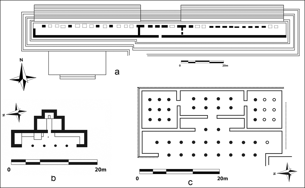 Αρχιτεκτονική της Ύστερης Κλασικής περιόδου από τα Βόρεια Πεδινά:α) Δομή 44 στο Τζιμπιλτσάλτουν, ένα «super popol nah» κατασκευασμένο με λιθόκτιστη στέγη και τοίχους (σχέδιο: L. Gauthier, βάσει Arnauld στο Okoshi 2021: εικ. 8.5c)· β) Δομή 3E3 στο Τσιτσέν Ιτζά με λουτρό ιδρώτα (σχέδιο: L. Gauthier, βάσει Ruppert 1952: εικ. 50)· γ) Δομή 3D7 στο Τσιτσέν Ιτζά (σχέδιο: L. Gauthier, βάσει Ruppert 1952).