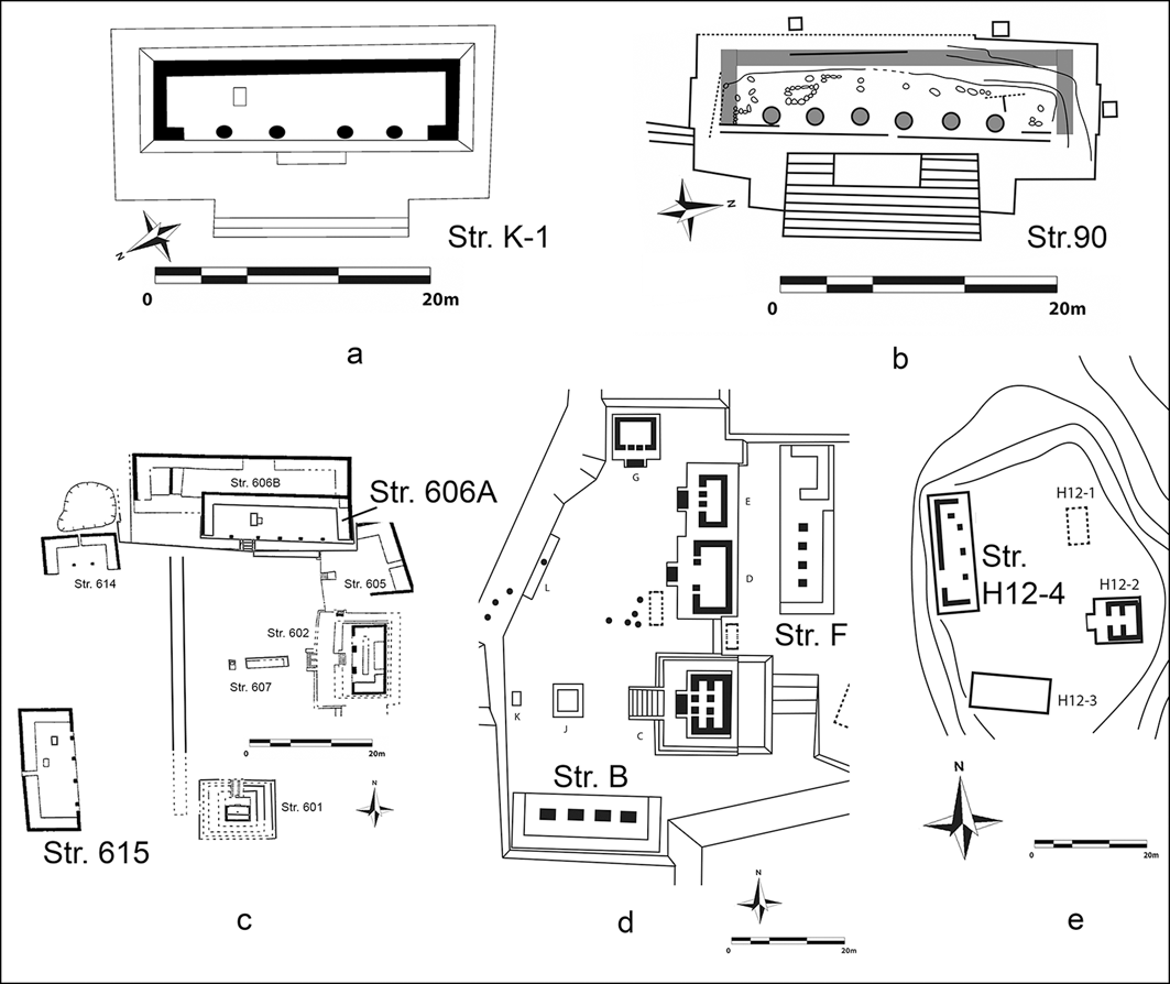 Κιονοστήρικτες ανοιχτές αίθουσες από τα Κεντρικά Πεδινά των Μάγια:α) αναπαράσταση της Δομής K-1 στο Ουκανάλ της Ύστερης Κλασικής περιόδου, βασισμένη σε ανασκαφικά δεδομένα (σχέδιο: C. Halperin)· β) Δομή 90 στο Γιαξχά της Ύστερης Κλασικής περιόδου (έχει προστεθεί με γκρι το φθαρτό τοίχωμα· σχέδιο: L. Gauthier, βάσει Hermes & Źrałka στο Źrałka & Koszkul 2012: εικ. 10)· γ) Μετακλασικές Δομές 606A και 615 στην Ομάδα A του Ζακπετέν (σχέδιο: L. Gauthier, βάσει Pugh & Shiratori στο Rice & Rice 2018: εικ. 12.13)· δ) Μετακλασικές Δομές B και F στο Τοποξτέ (σχέδιο: L. Gauthier, βάσει Bullard 1970: εικ. 3)· ε) Μετακλασική Δομή H12-4 στο Τίπου (σχέδιο: L. Gauthier, βάσει Graham στο Thomas 1991).