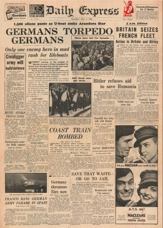Η πρώτη σελίδα της Daily Express το 1940 αποτυπώνει την έλλειψη συμπάθειας για τους χαμένους Γερμανούς κρατούμενους, τους οποίους χαρακτηρίζει «δειλούς». Alamy/John Frost Newspapers, Πηγή: The Conversation 