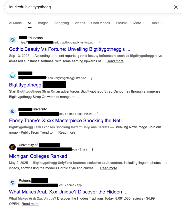 Αποτελέσματα αναζήτησης της Google για το όνομα μιας δημιουργού περιεχομένου για ενήλικες σε ιστότοπους του τομέα .edu, Πηγή: upguard.com
