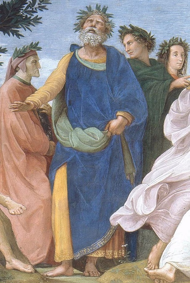 Λεπτομέρεια του Παρνασσού (ζωγραφισμένη 1509–1510), πίνακα του Ραφαήλ. Ο πίνακας απεικονίζει τον Όμηρο να φορά ένα στέμμα από δάφνες στην κορυφή του Παρνασσού, με τον Δάντη Αλιγκέρι στα δεξιά του και τον Βιργίλιο στα αριστερά του.